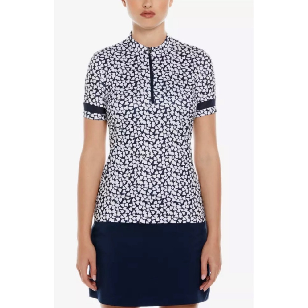 PGA Tour Mini Petal Quarter Zip Women Short‎ Sleeve Golf Polo Shirt Navy White S